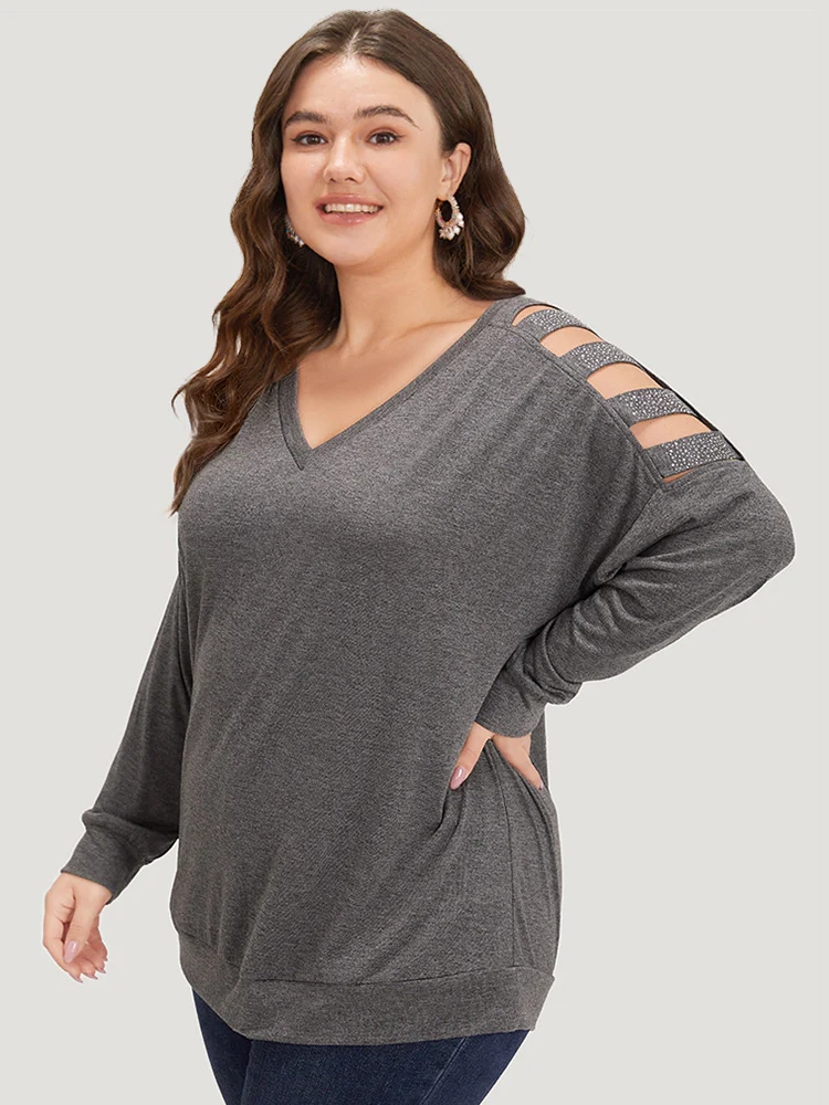 Rhinestone Detail Hollow Out V Neck Long Sleeve T-shirt - Image 3
