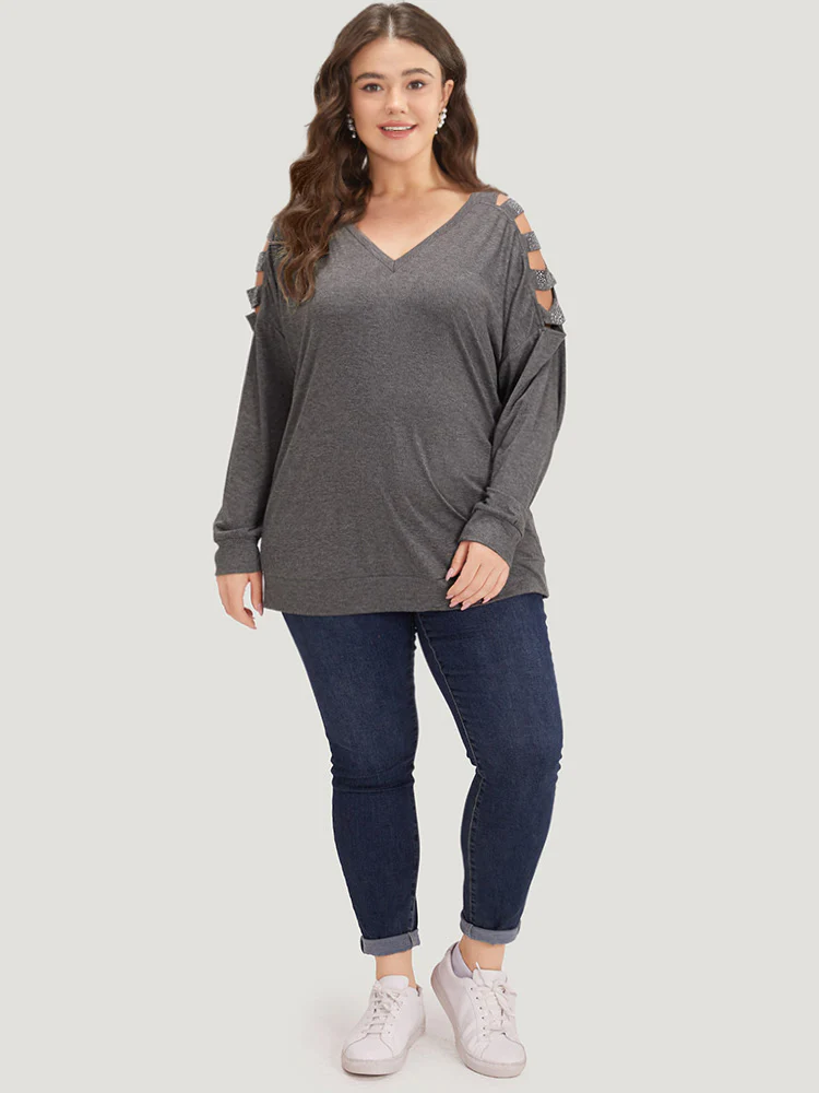 Rhinestone Detail Hollow Out V Neck Long Sleeve T-shirt - Image 4