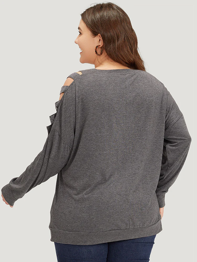 Rhinestone Detail Hollow Out V Neck Long Sleeve T-shirt - Image 5