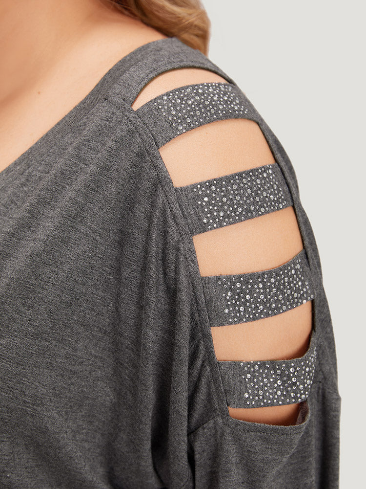 Rhinestone Detail Hollow Out V Neck Long Sleeve T-shirt - Image 6