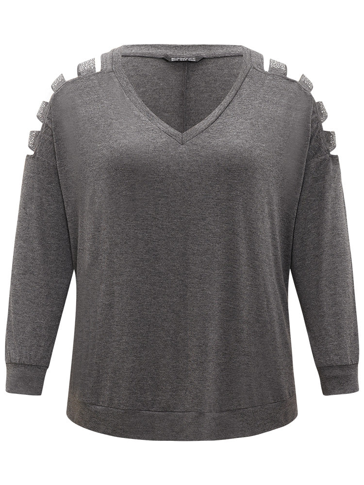 Rhinestone Detail Hollow Out V Neck Long Sleeve T-shirt - Image 9