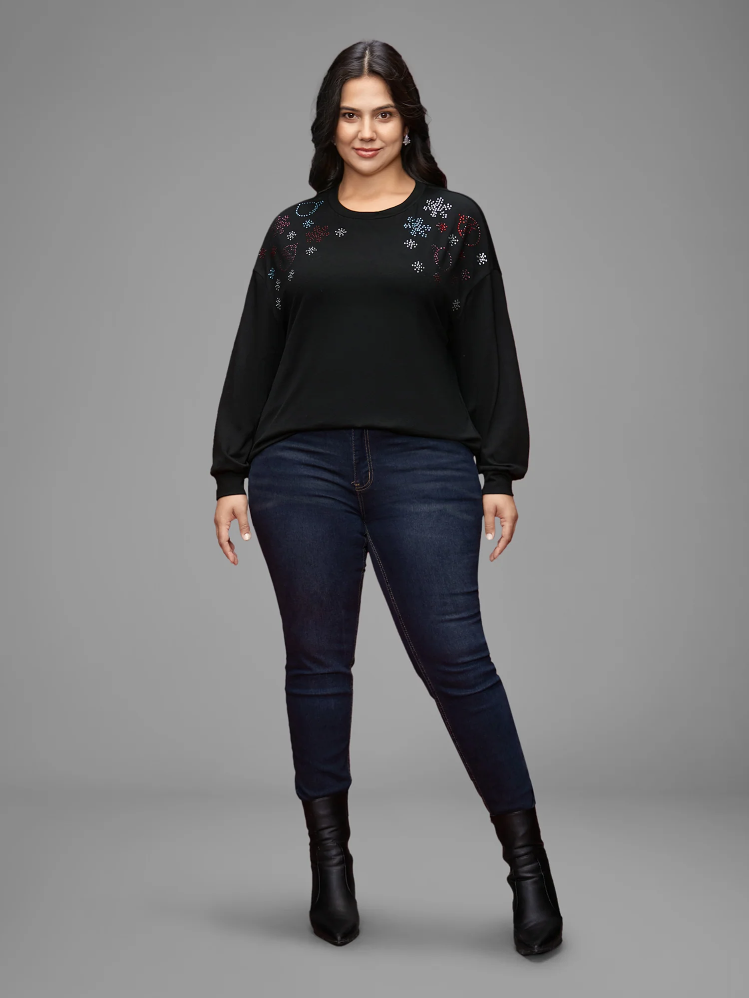 Rhinestone Embellished Shoulder Round Neck Tee - Image 2