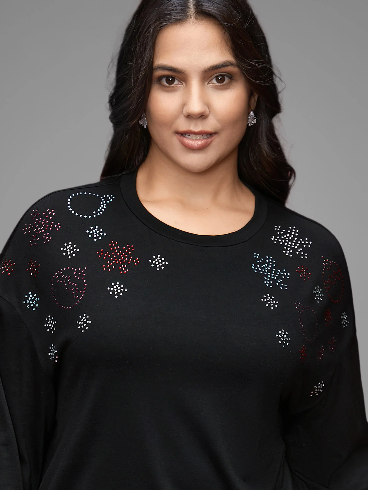Rhinestone Embellished Shoulder Round Neck Tee - Image 3