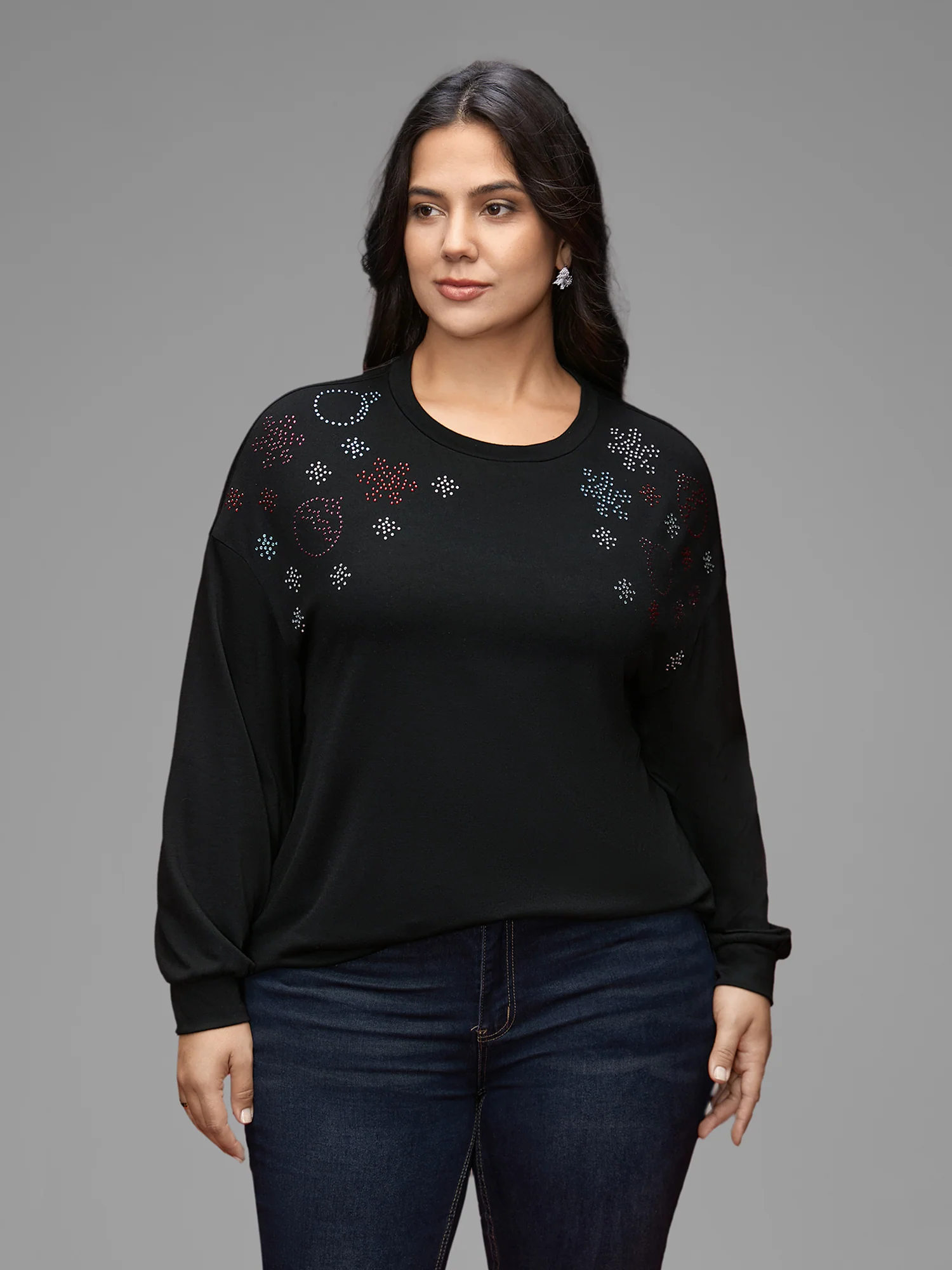 Rhinestone Embellished Shoulder Round Neck Tee - Image 4