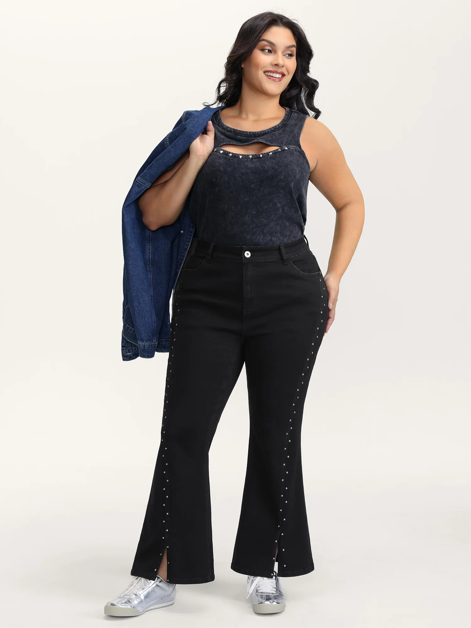 Rhinestone Mid-Rise Flared Hem Jeans - Image 2