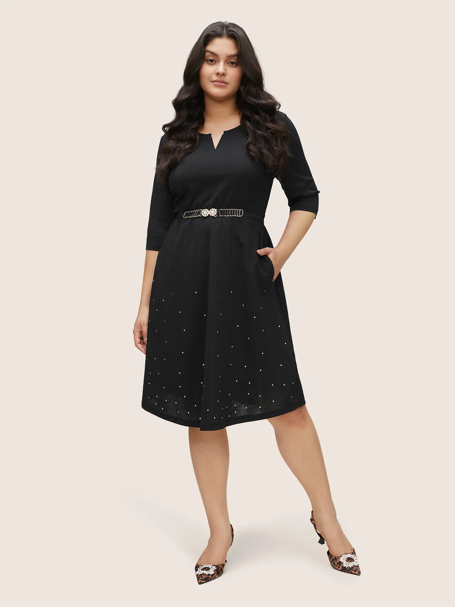 Rhinestone Notched Pocket Curved Hem Dress - Image 2