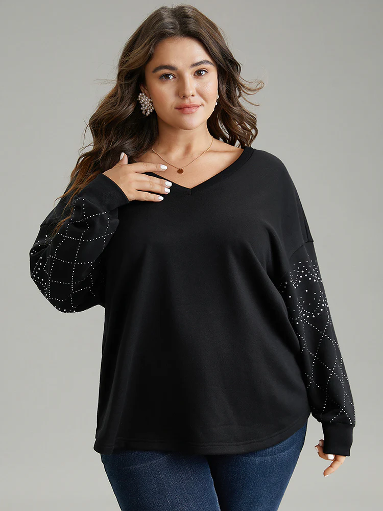 Rhinestone Plain Drop Shoulder Sweatshirt - Image 2