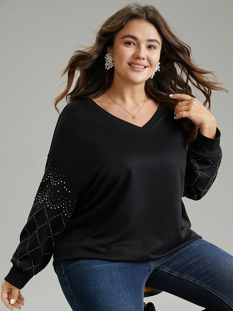 Rhinestone Plain Drop Shoulder Sweatshirt - Image 3
