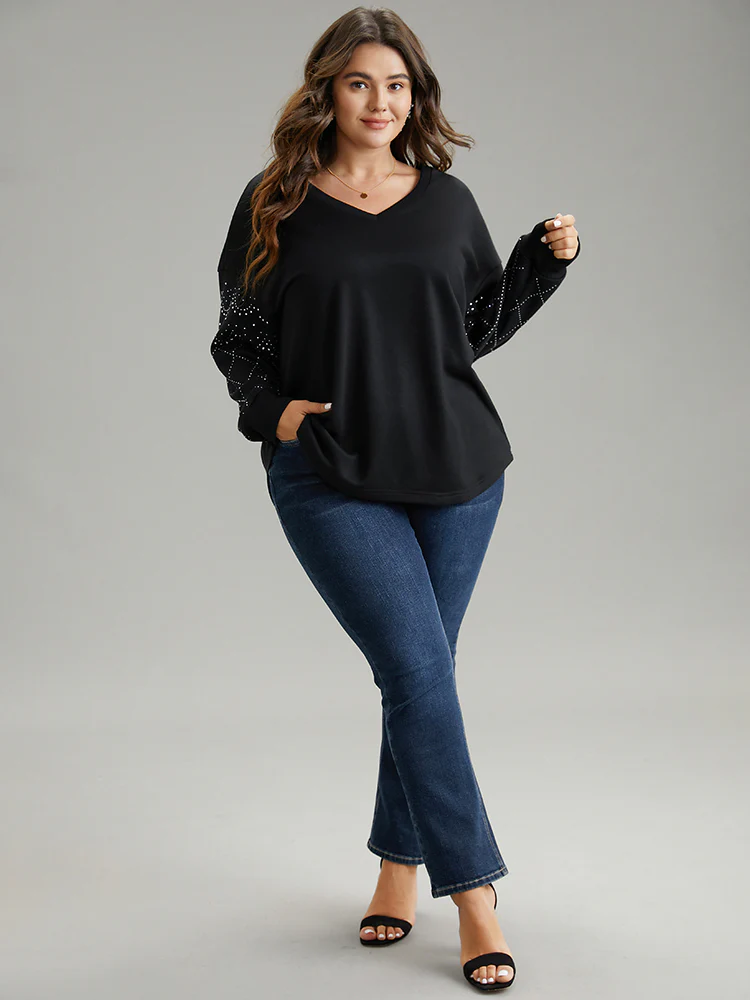 Rhinestone Plain Drop Shoulder Sweatshirt - Image 4