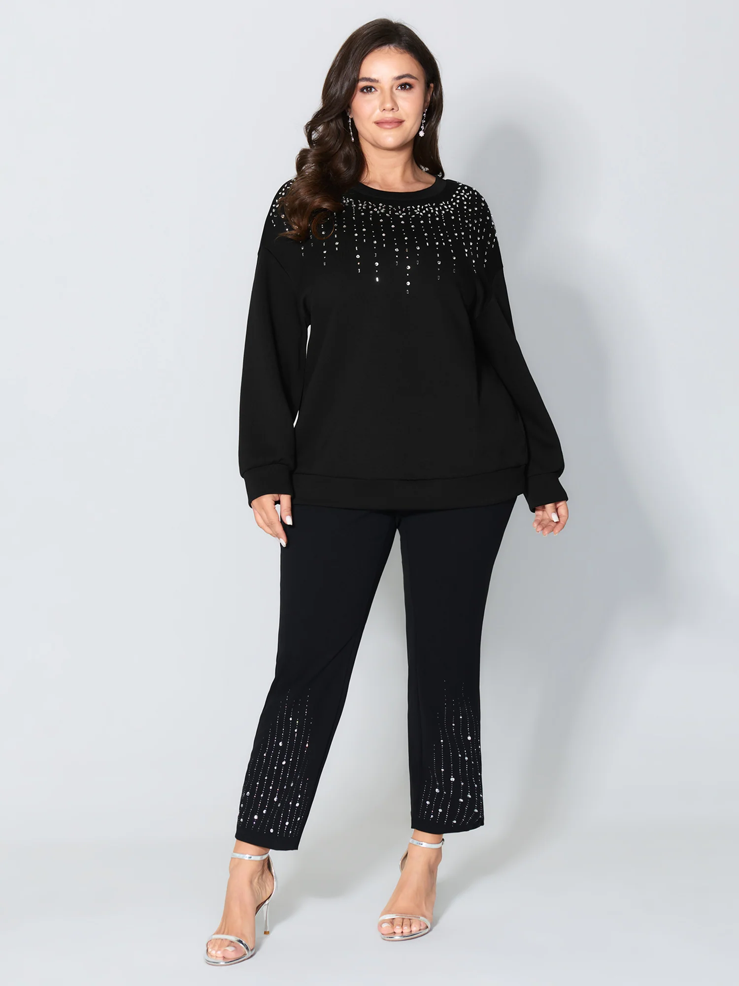 Rhinestone Relaxed-Fit Round Neck Sweatshirt - Image 2
