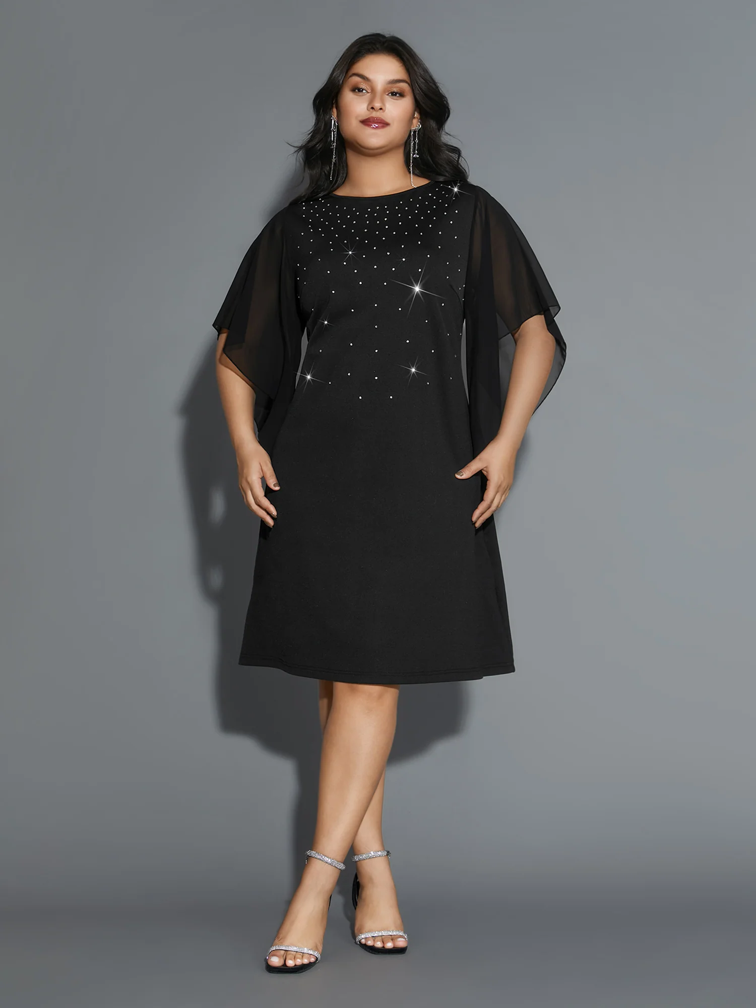 Rhinestone Ruffle Sleeve Mesh Patchwork Dress - Image 3