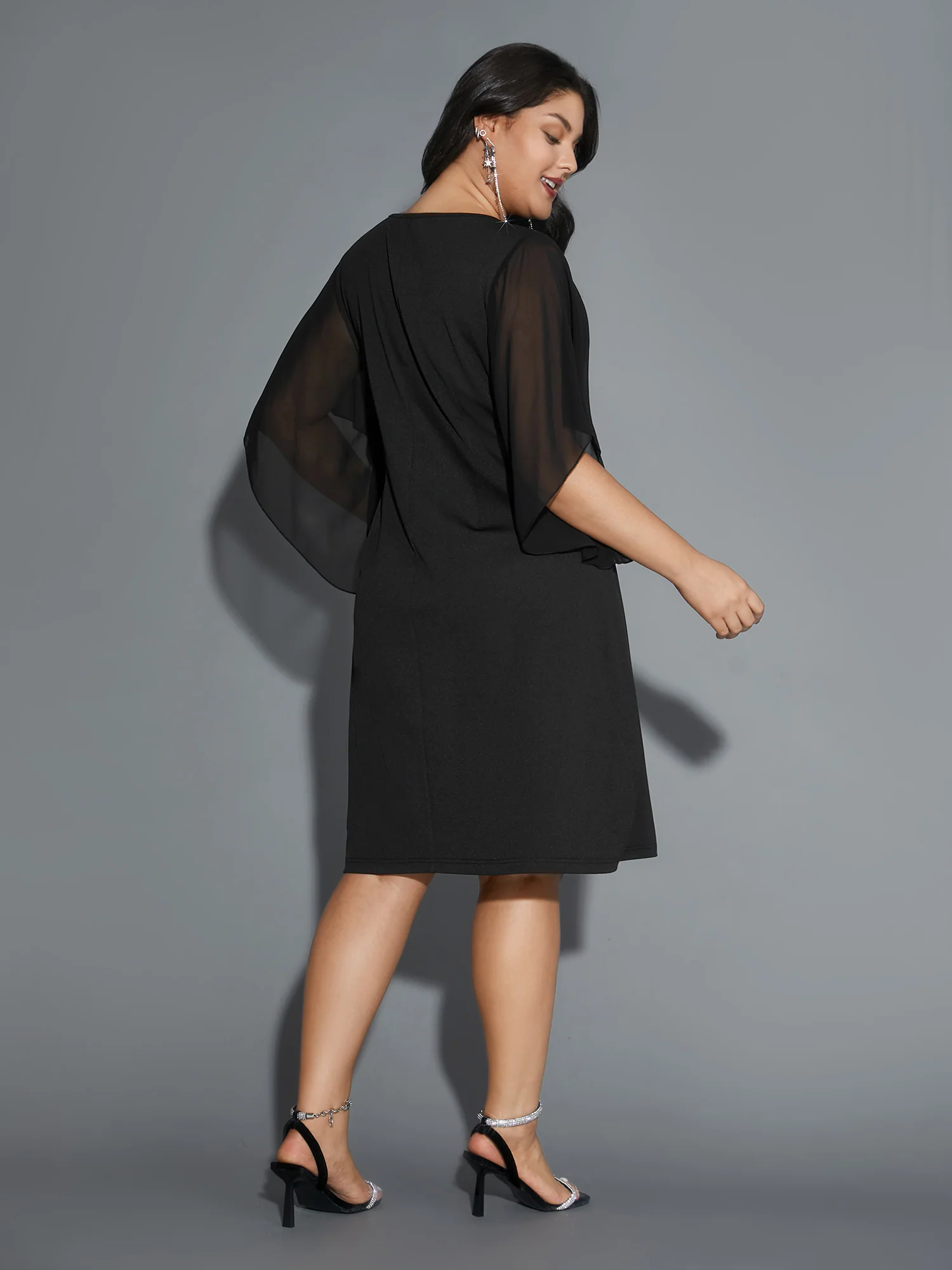 Rhinestone Ruffle Sleeve Mesh Patchwork Dress - Image 4