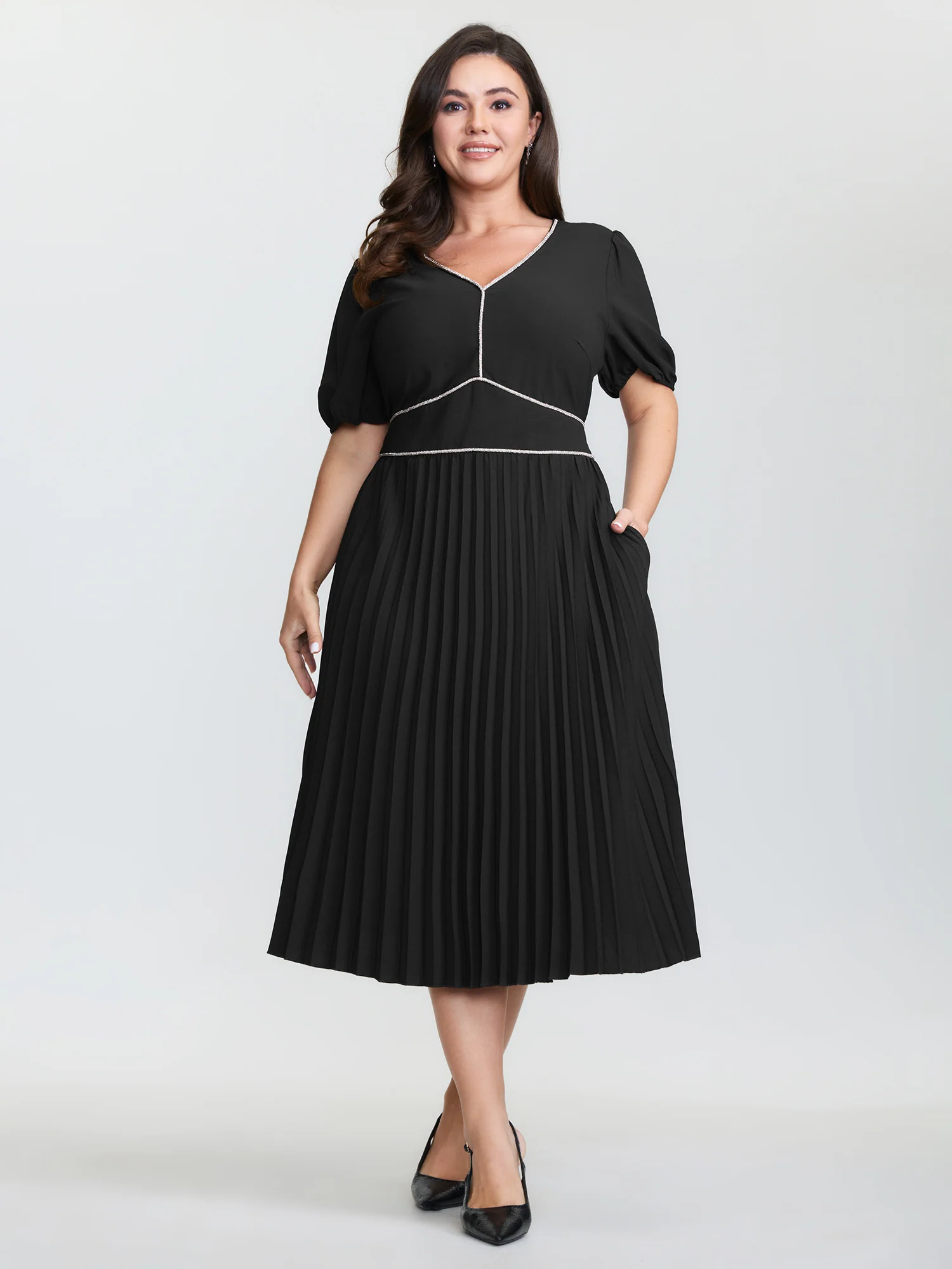 Rhinestone Trim Stitch Plicated Detail Midi Dress - Image 3