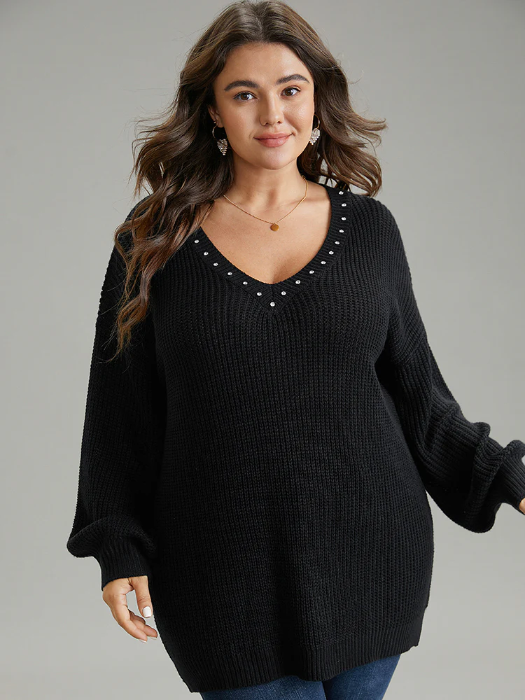 Rhinestone V Neck Drop Shoulder Pullover - Image 3