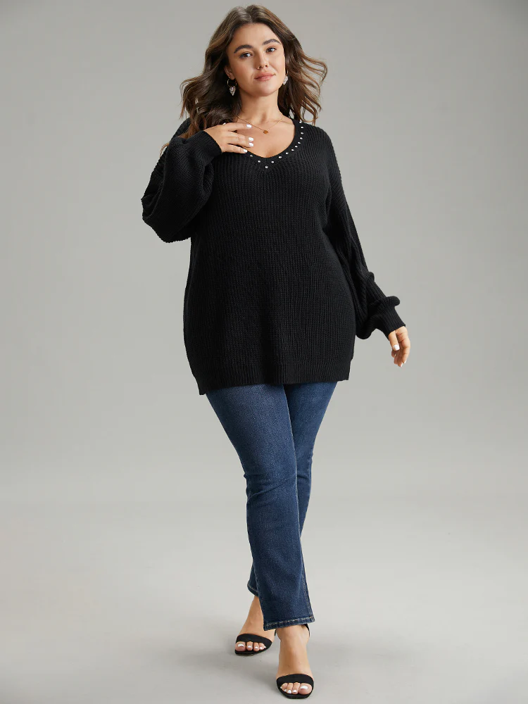 Rhinestone V Neck Drop Shoulder Pullover - Image 4