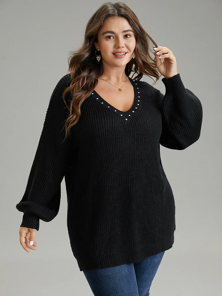 Rhinestone V Neck Drop Shoulder Pullover - Image 5