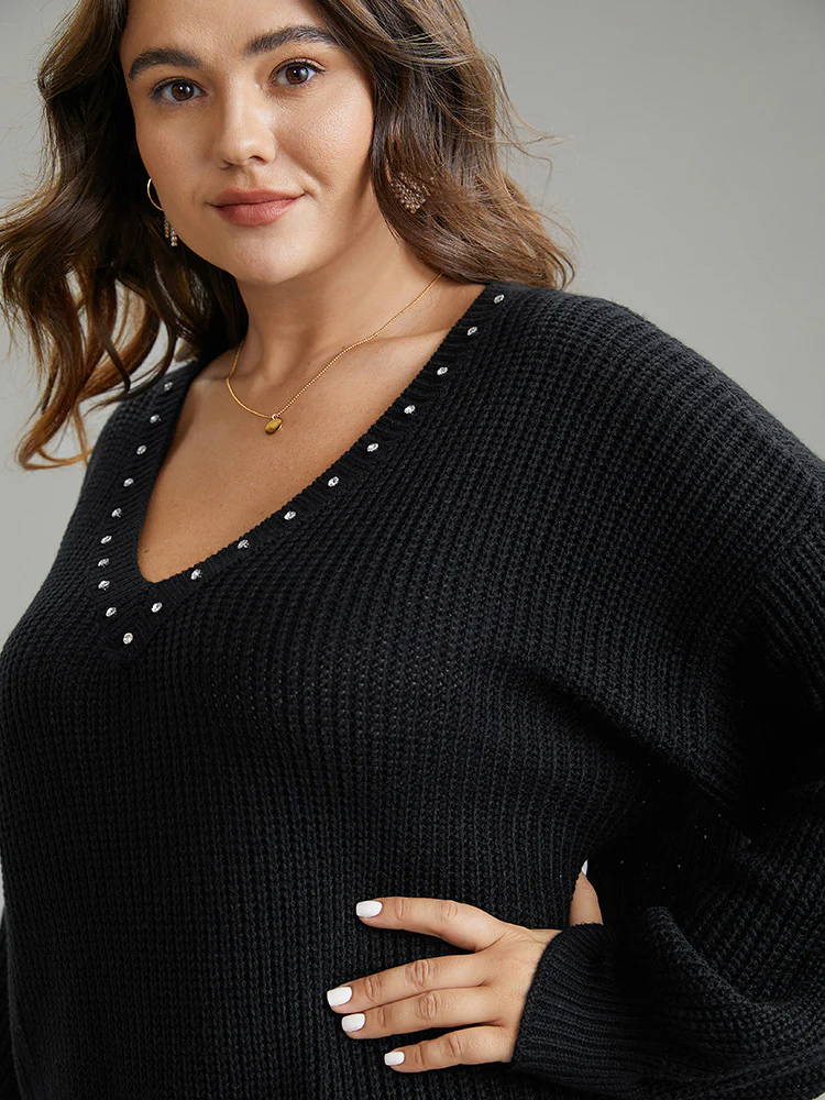 Rhinestone V Neck Drop Shoulder Pullover - Image 6