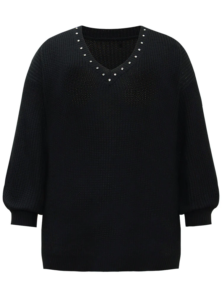 Rhinestone V Neck Drop Shoulder Pullover - Image 7