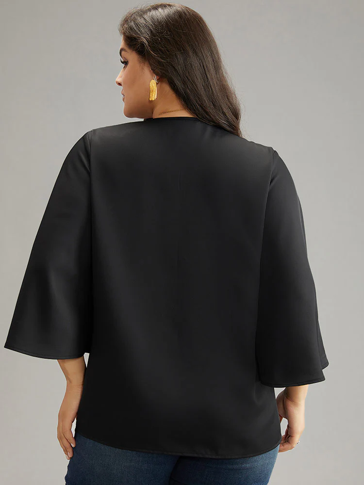 Twill Rhinestone V Neck Ruffle Sleeve Blouse - Image 2