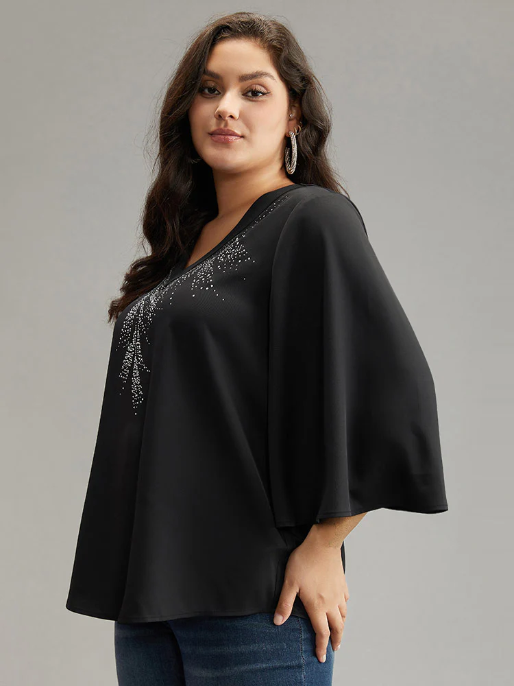 Twill Rhinestone V Neck Ruffle Sleeve Blouse - Image 3