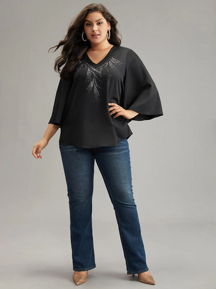 Twill Rhinestone V Neck Ruffle Sleeve Blouse - Image 4