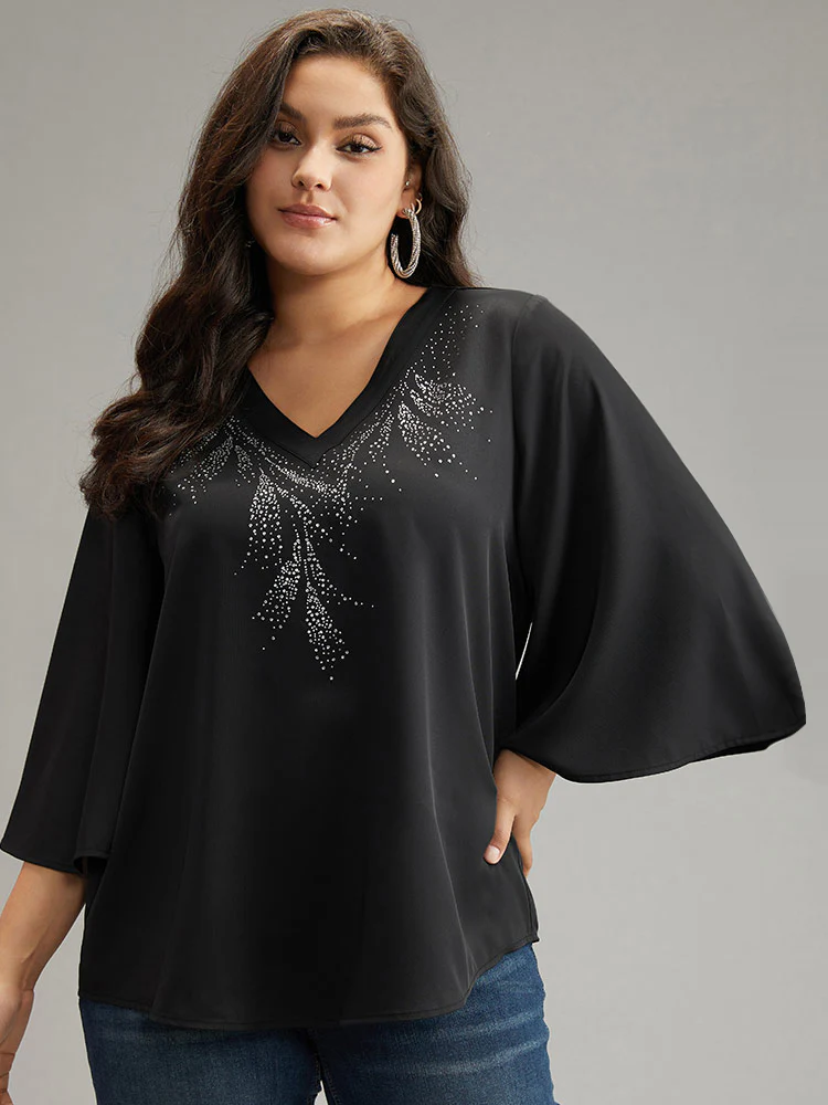 Twill Rhinestone V Neck Ruffle Sleeve Blouse - Image 5
