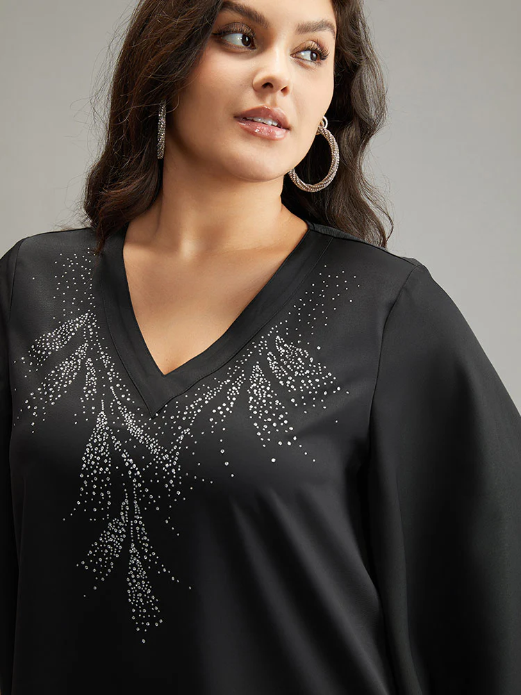 Twill Rhinestone V Neck Ruffle Sleeve Blouse - Image 6