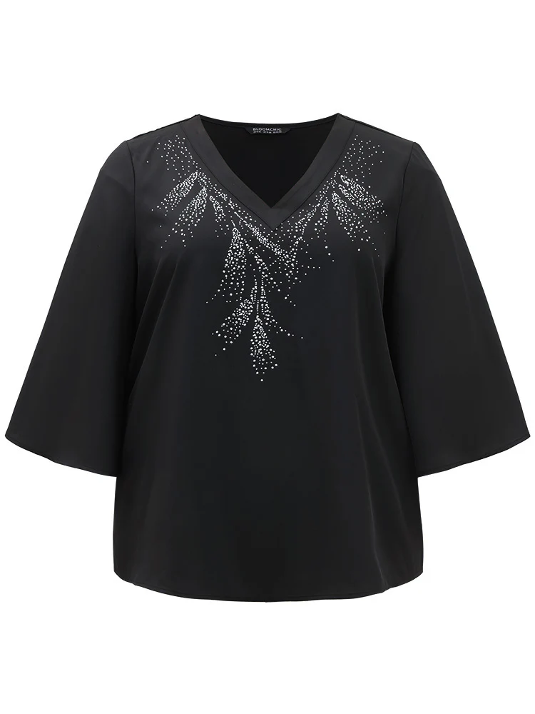 Twill Rhinestone V Neck Ruffle Sleeve Blouse - Image 8