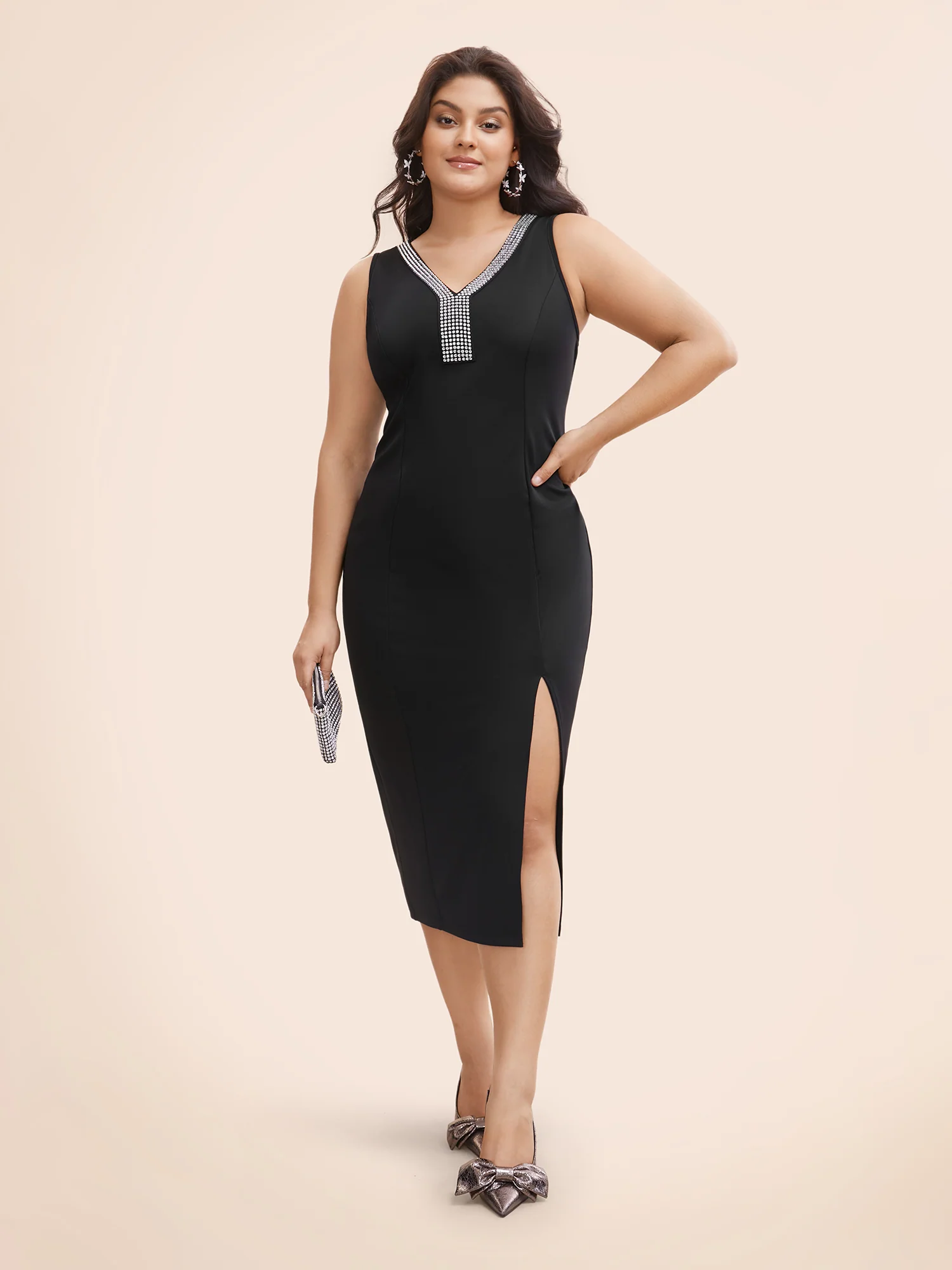 Rhinestone V Neck Split Hem Dress - Image 2