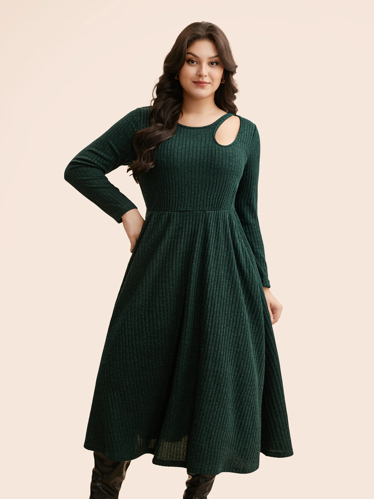 Rib Knit Asymmetrical Neck Midi Dress - Image 2