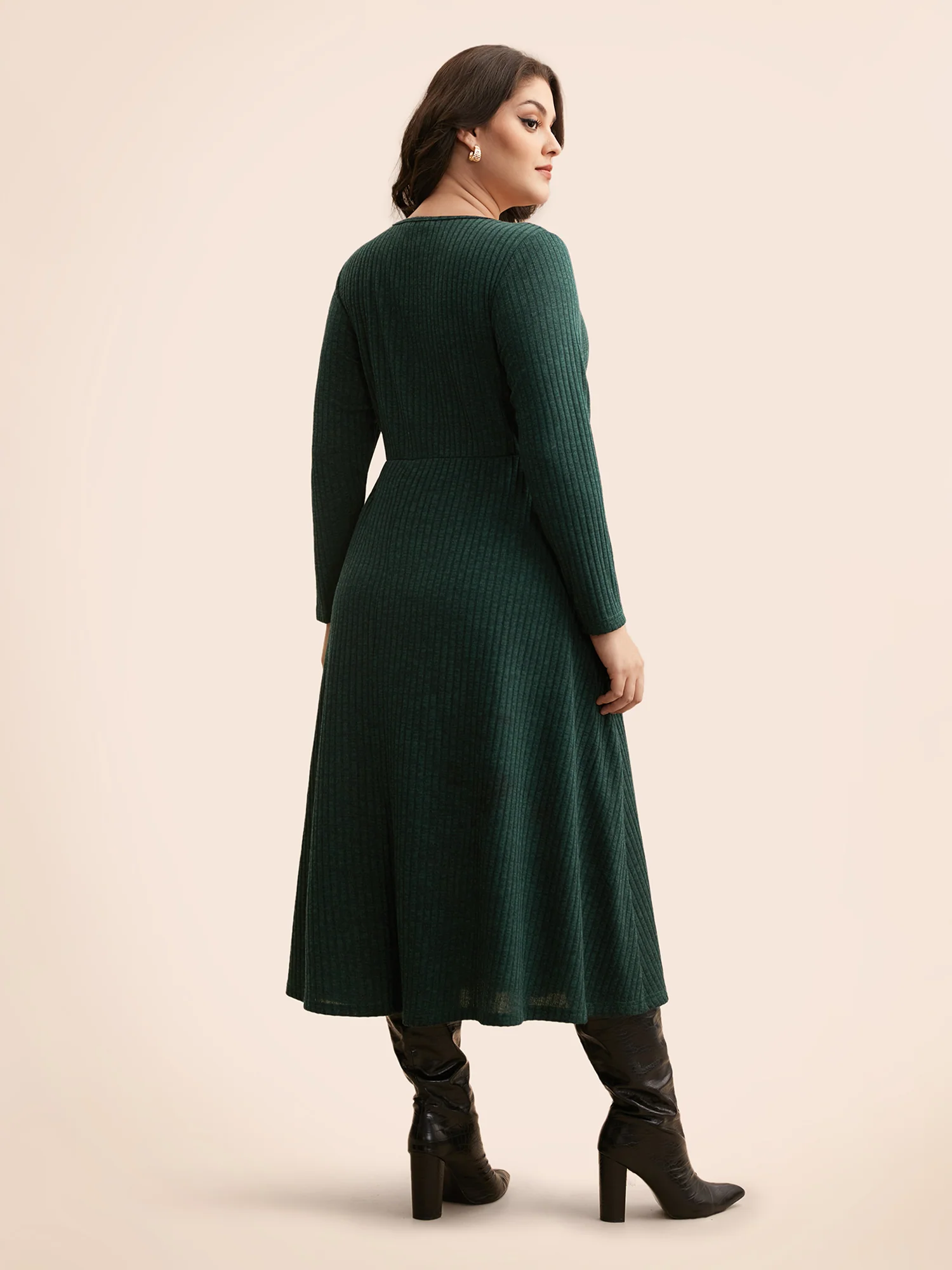Rib Knit Asymmetrical Neck Midi Dress - Image 3