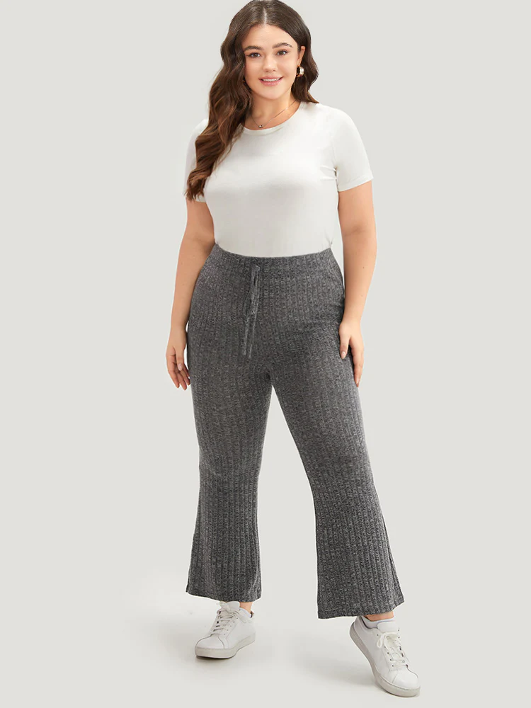 Rib Knit Bowknot Flare Leg Sweatpants - Image 3