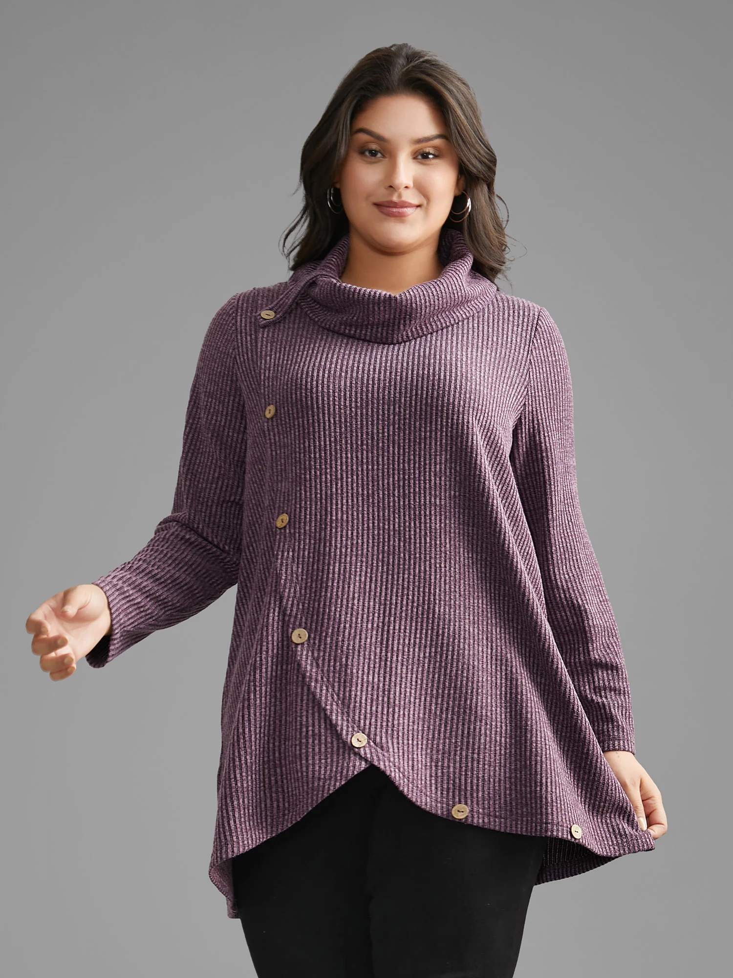 Rib Knit Button Detail Wrap Hem Sweatshirt - Image 2