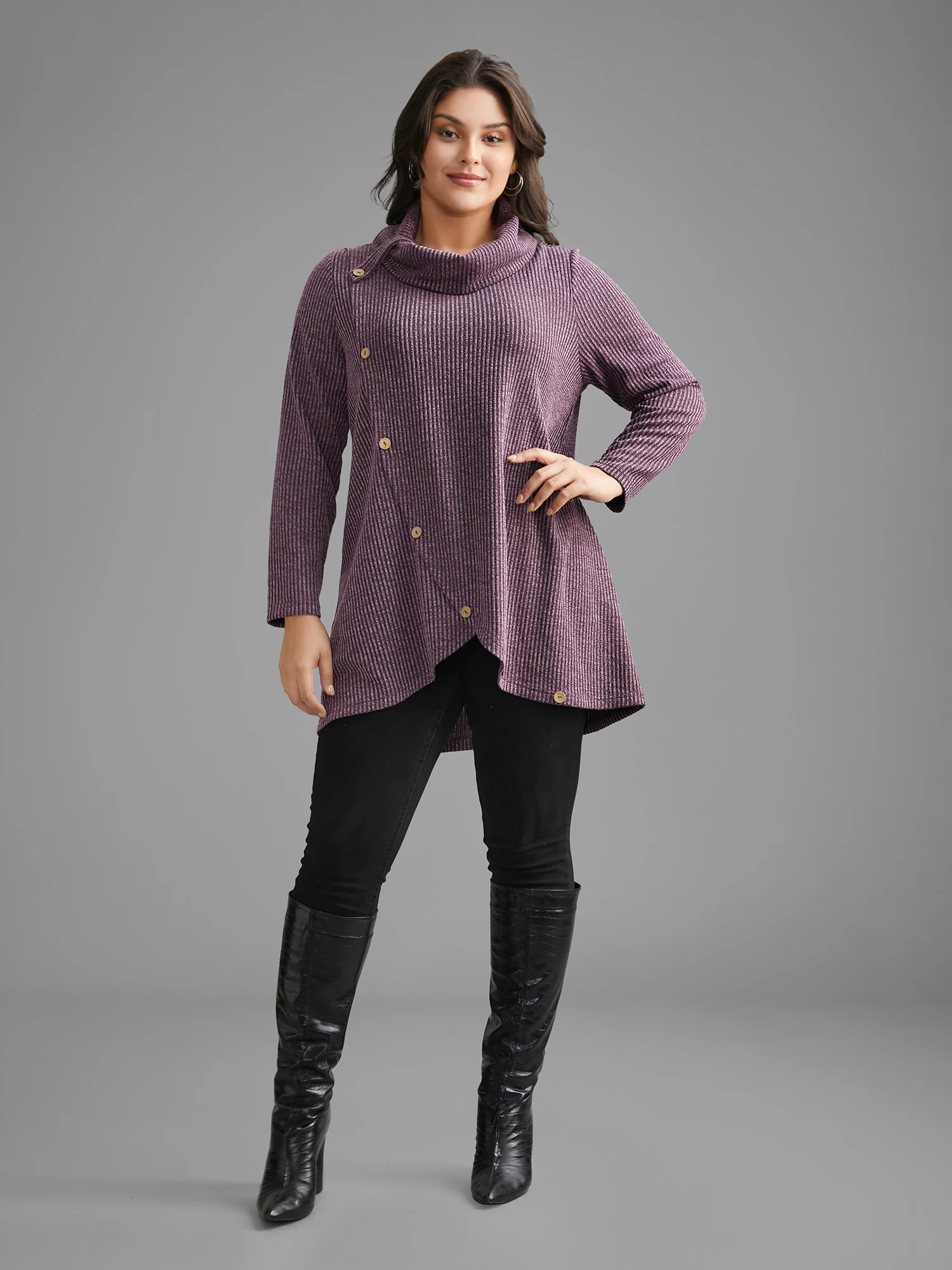 Rib Knit Button Detail Wrap Hem Sweatshirt - Image 3
