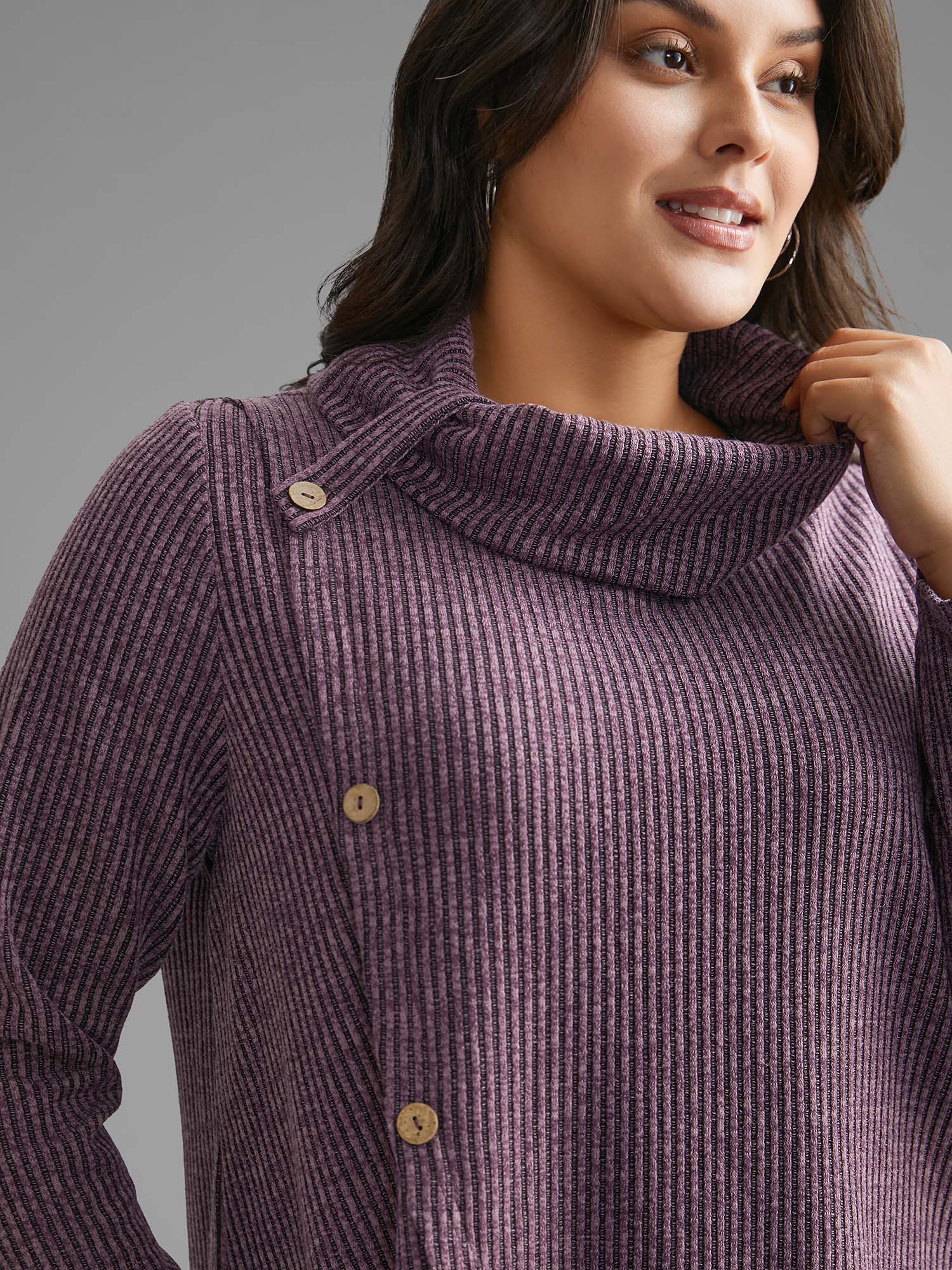 Rib Knit Button Detail Wrap Hem Sweatshirt - Image 4