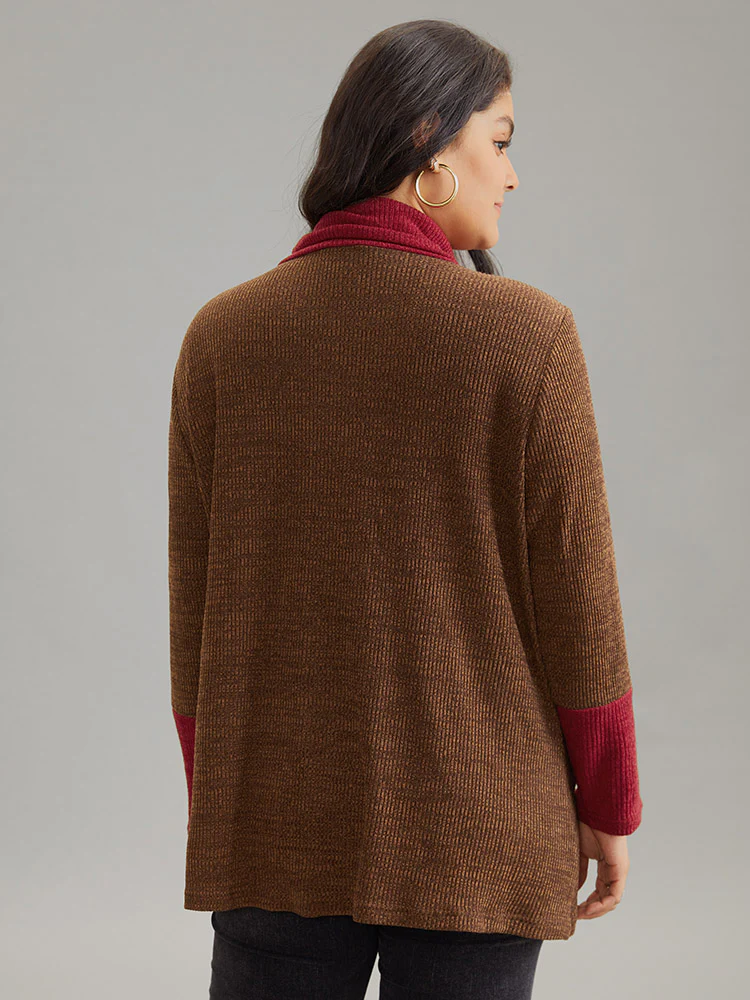 Rib Knit Contrast Funnel Neck Patched Pocket Sweatshirt - Image 2