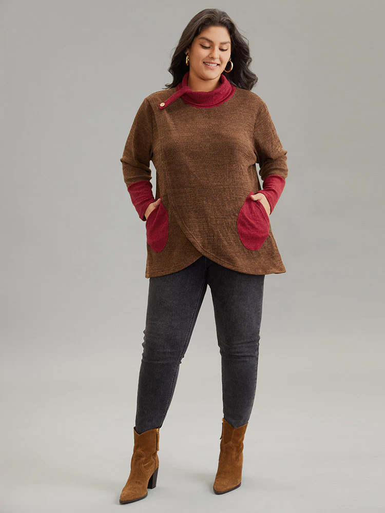 Rib Knit Contrast Funnel Neck Patched Pocket Sweatshirt - Image 3