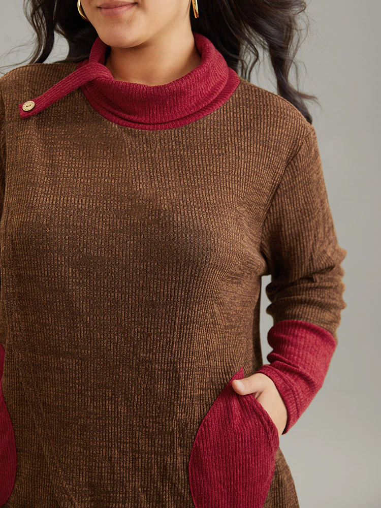 Rib Knit Contrast Funnel Neck Patched Pocket Sweatshirt - Image 4