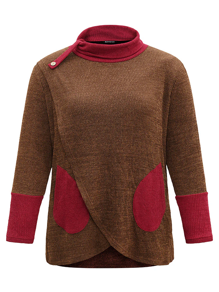 Rib Knit Contrast Funnel Neck Patched Pocket Sweatshirt - Image 5