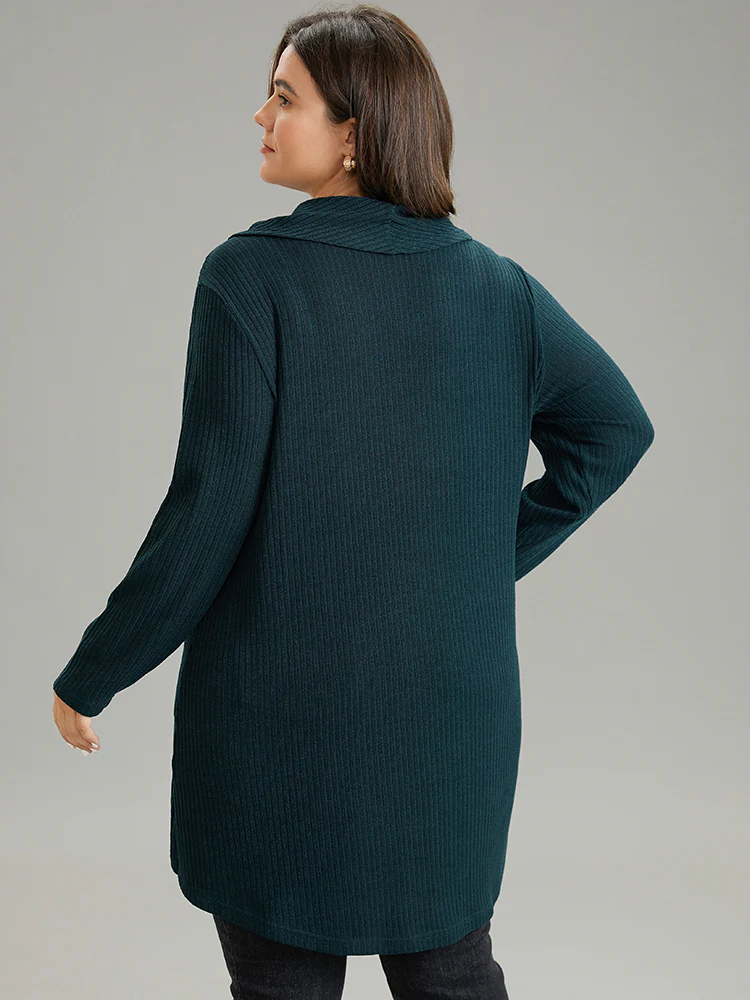 Rib Knit Cowl Neck Button Detail Wrap Hem T-shirt - Image 2
