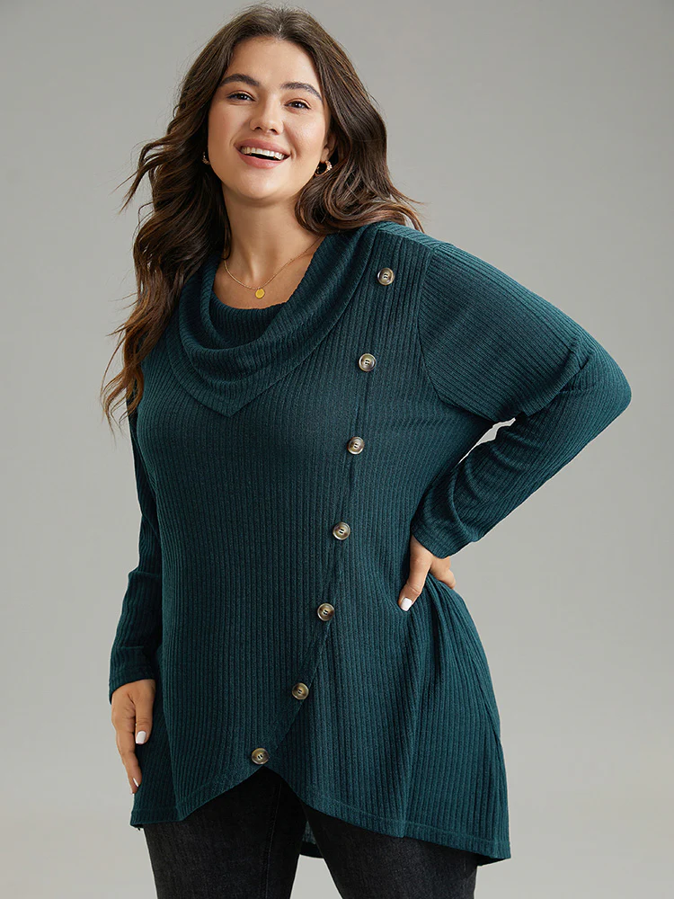 Rib Knit Cowl Neck Button Detail Wrap Hem T-shirt - Image 3
