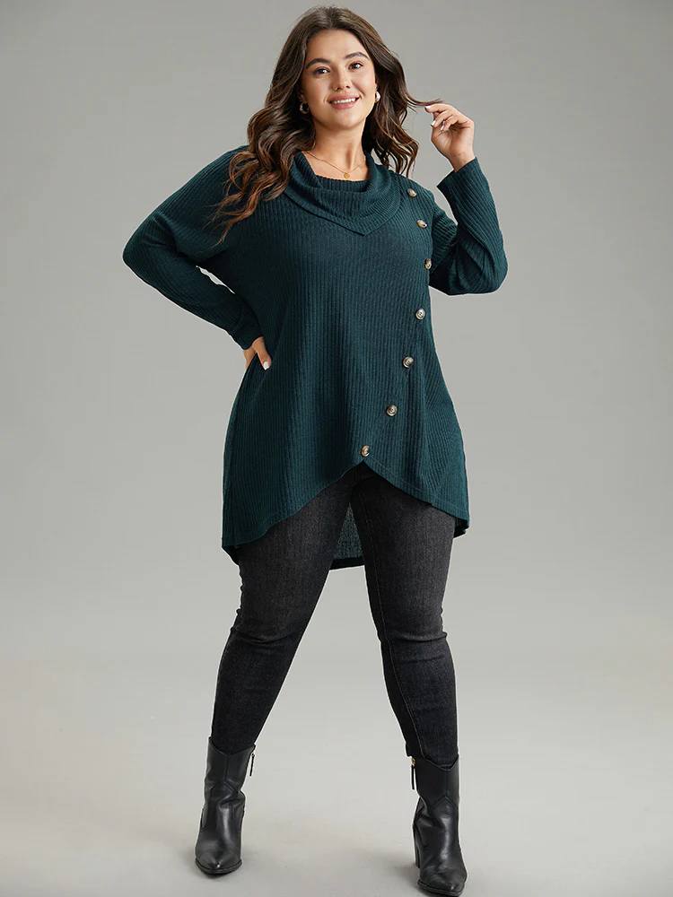 Rib Knit Cowl Neck Button Detail Wrap Hem T-shirt - Image 4