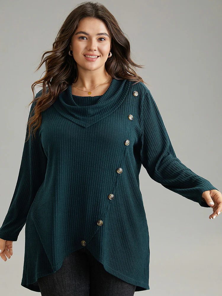 Rib Knit Cowl Neck Button Detail Wrap Hem T-shirt - Image 5