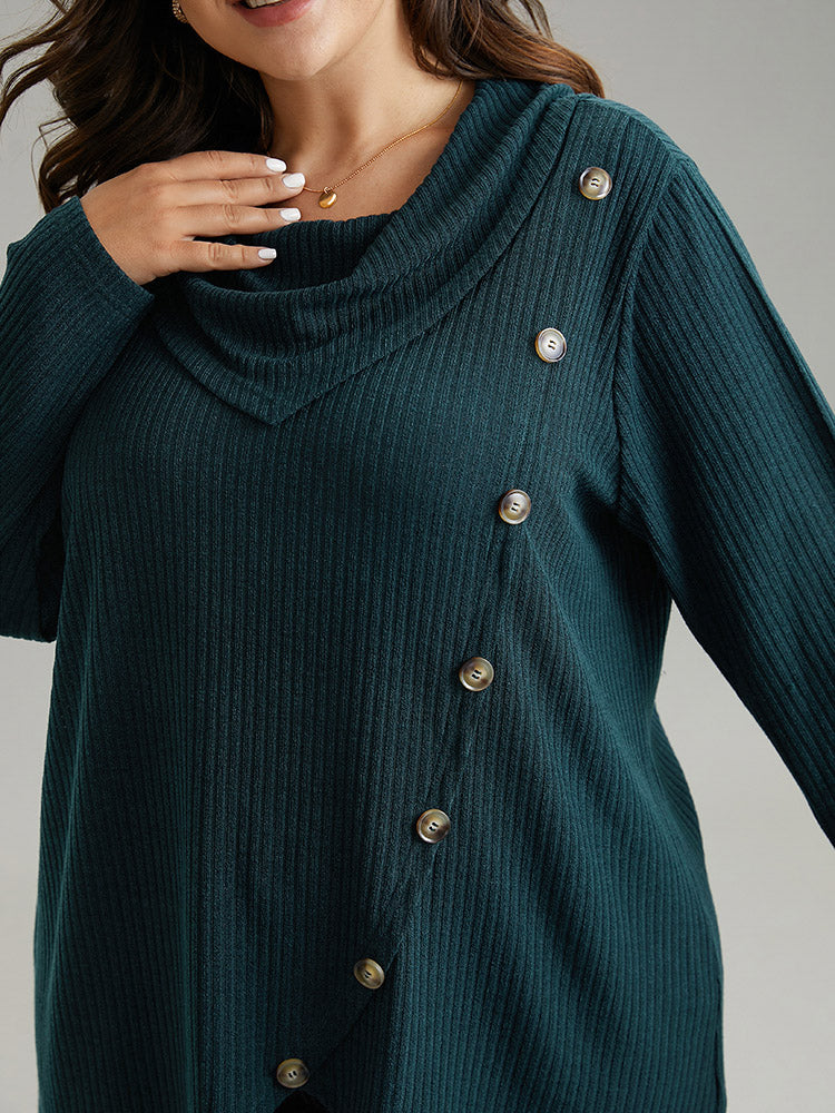 Rib Knit Cowl Neck Button Detail Wrap Hem T-shirt - Image 6