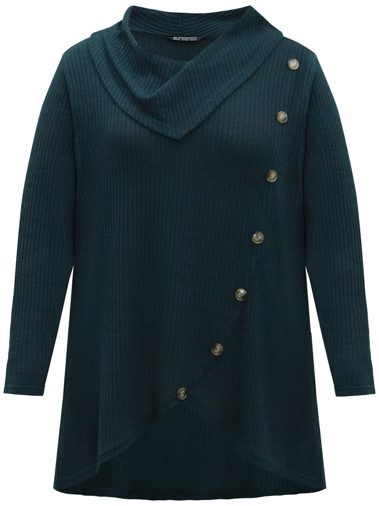 Rib Knit Cowl Neck Button Detail Wrap Hem T-shirt - Image 7