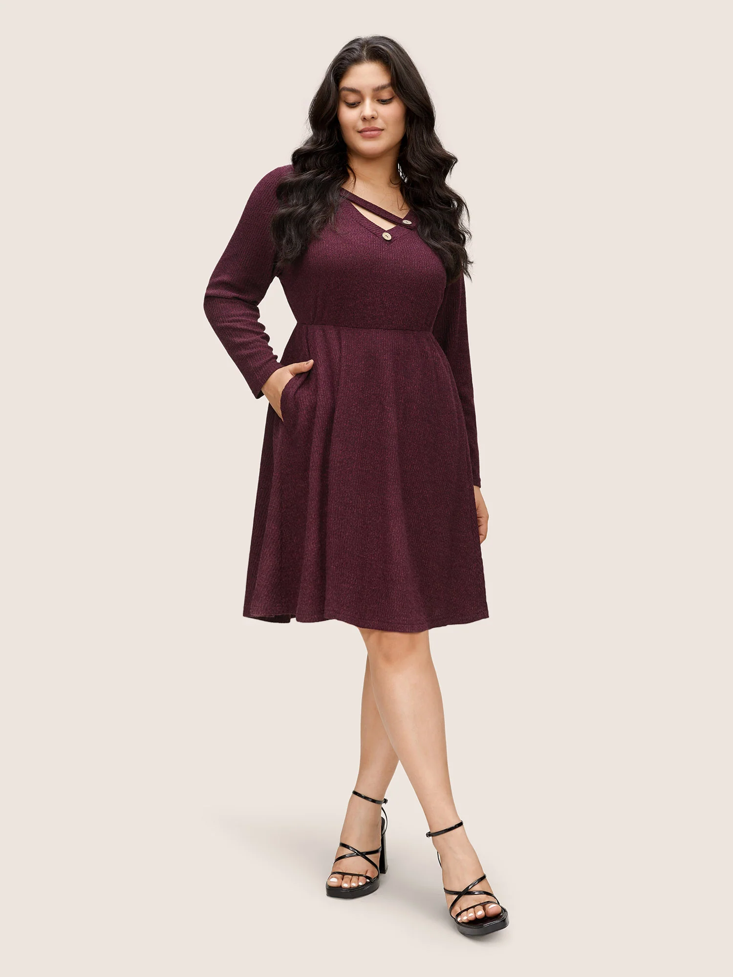Rib Knit Cut Out Button Detail Asymmetrical Neck Dress - Image 2