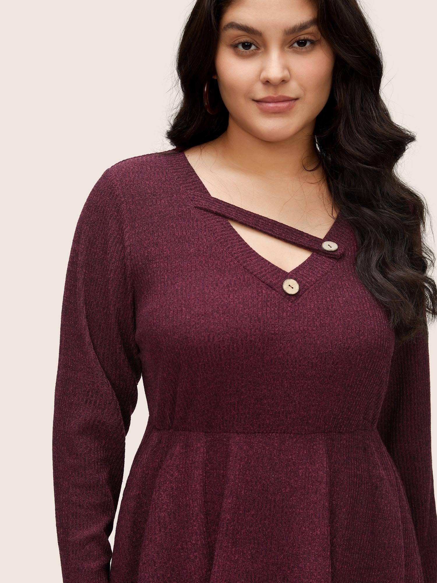Rib Knit Cut Out Button Detail Asymmetrical Neck Dress - Image 3
