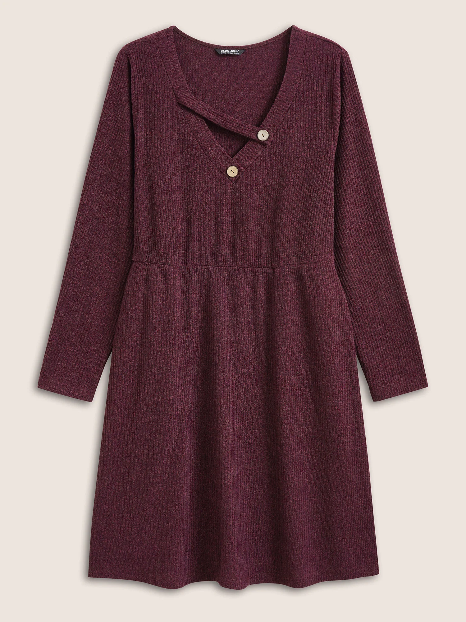 Rib Knit Cut Out Button Detail Asymmetrical Neck Dress - Image 7