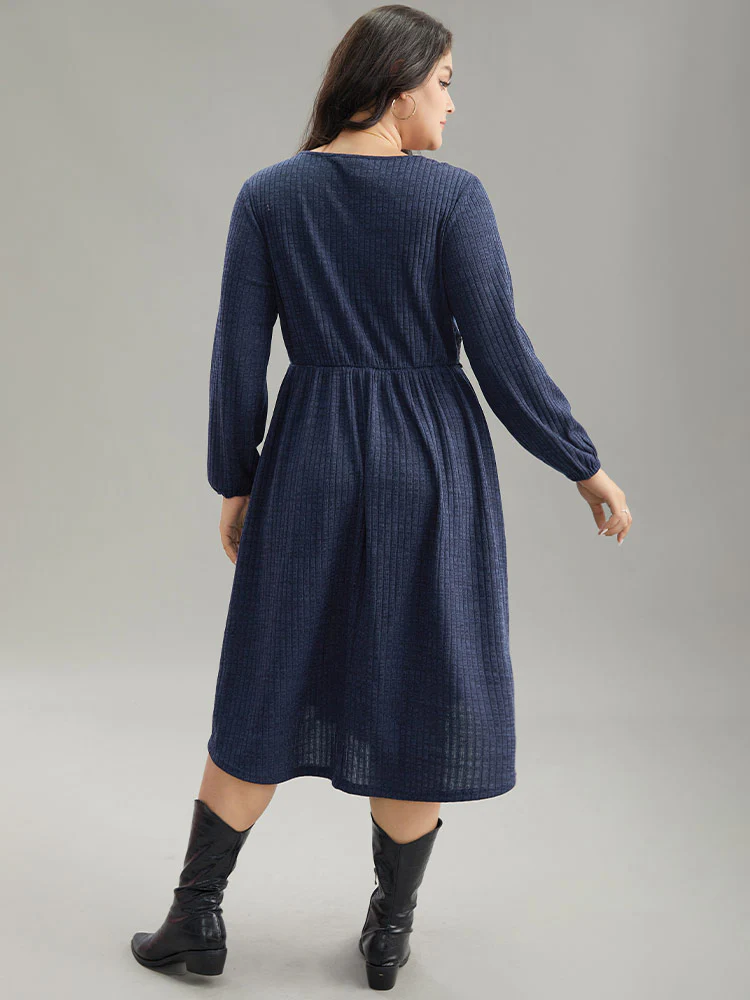 Rib Knit Lace Panel Contrast Pocket Dress - Image 3