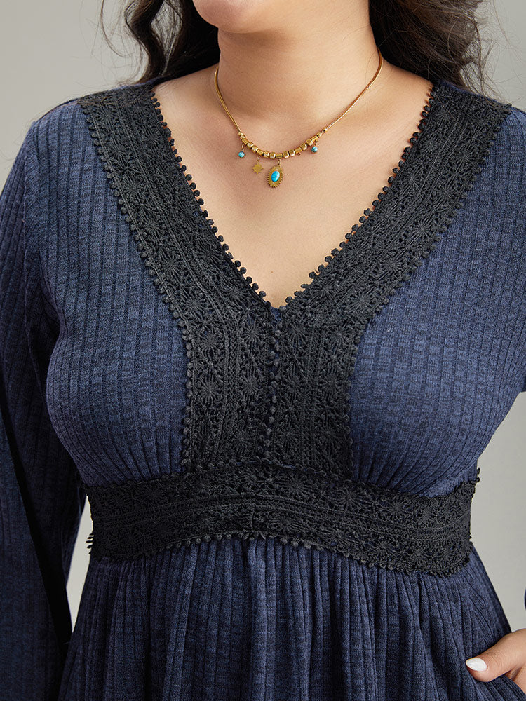 Rib Knit Lace Panel Contrast Pocket Dress - Image 6